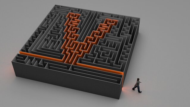 3D illustration of V-shaped maze with a man exiting it
