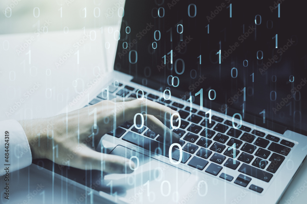 Poster creative concept of binary code illustration and hands typing on laptop on background. big data and 