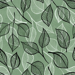 Floral seamless pattern with hand drawn botanical elements. Transparent black and white leaves on a green background. For textile and wallpaper design.