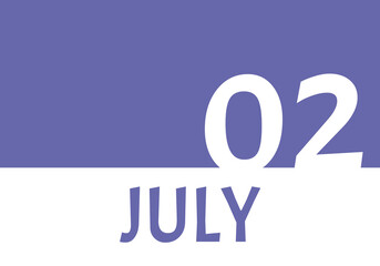 2 july calendar date with copy space. Very Peri background and white numbers. Trending color for 2022.