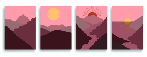 Poster with mountain landscape, and sunset in boho art style  .Minimal design with line elements . Trendy brochure . Mountain peak .Wall art .Vector illustration .