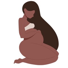 Pregnant woman isolated on white . Modern minimalistic illustration. Pregnant long hair brunette sitting and holding belly. Mother awaiting newborn baby. Mother care concept. 