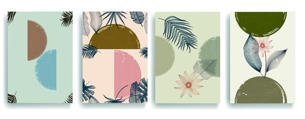 Modern poster with minimalist design elements . Grunge textured circles in Boho art style  . Wall art , home deco . Vector abstract shape.