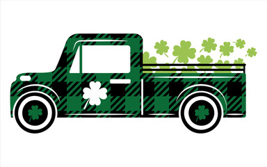 Buffalo Plaid Shamrock market Truck. Happy St Patrick’s Day  Vector Design.  St. Patrick's Day T-shirt Design. St. Patrick’s day retro truck delivers shamrocks.
