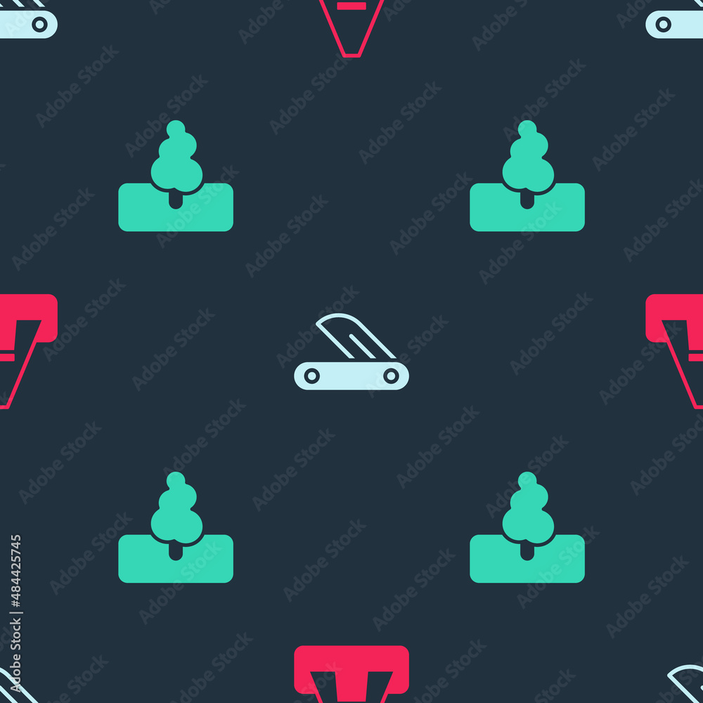 Wall mural set tourist tent, swiss army knife and tree on seamless pattern. vector