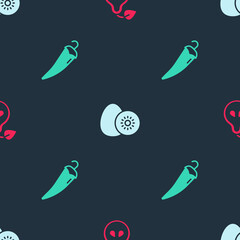 Set Pear, Kiwi fruit and Hot chili pepper on seamless pattern. Vector