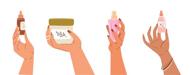 Set of woman hands showing skincare products. Closeup of girls hands holding cosmetic product.