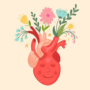 Human heart organ with flowers. Concept for Valentine's Day