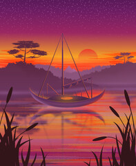 Vector illustration of a landscape with a boat on a sunset background and river in tropical jungle.