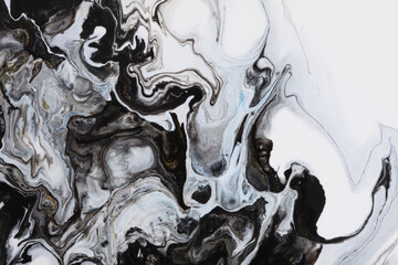 Art Abstract flow pour acrylic, ink and watercolor marble painting. Black and white color wave texture blots background.