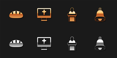 Set Christian bread, cross on monitor, Church pastor preaching and bell icon. Vector