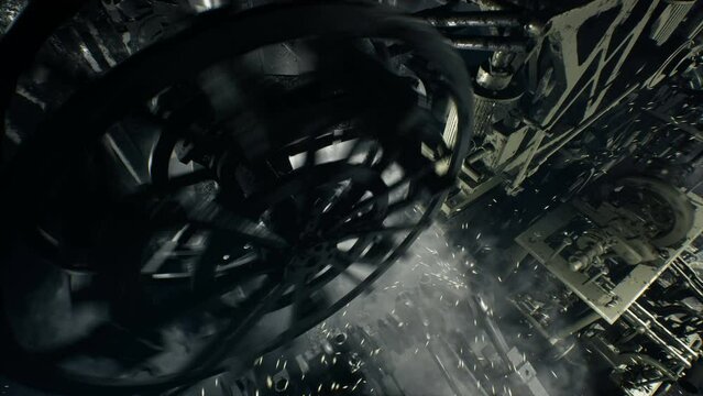 Vintage steampunk machinery in an old factory, with engines running, sparks and smoke. The concept of old working mechanisms. The animation is perfect for steampunk, fantasy and technology backgrounds
