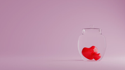 Two red hearts in a glass bottle on pink background, Love concept, Valentine's Day, 3D Rendering