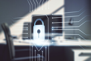 Creative lock sketch with chip hologram and modern desk with computer on background, protection of personal data concept. Multiexposure