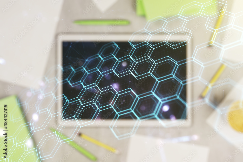 Poster creative concept of wireless technology with hexagon hologram and modern digital tablet on backgroun