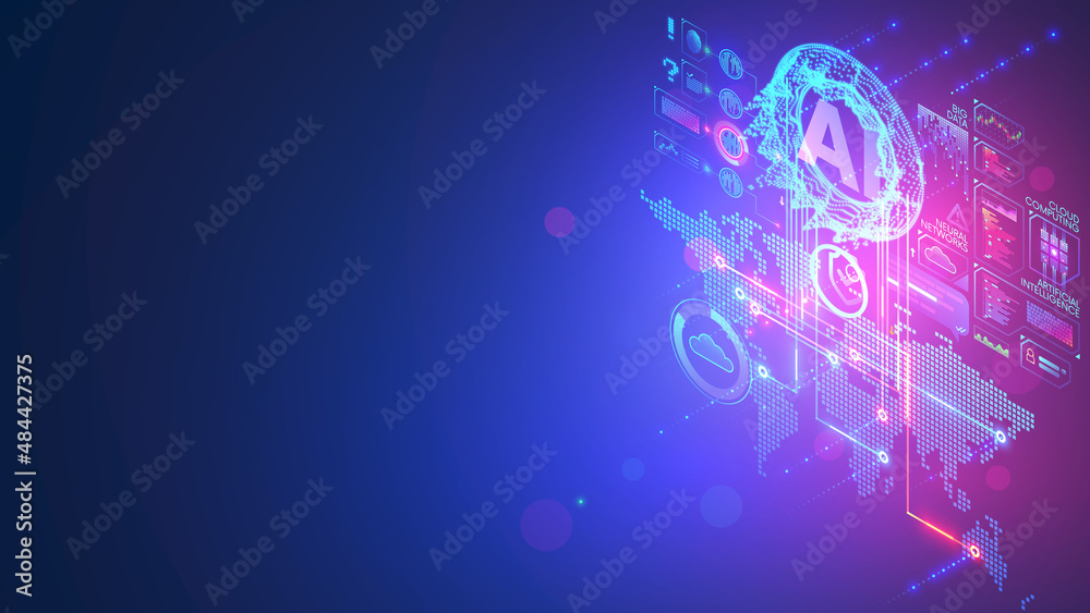 Fototapete AI or artificial intelligence analyzing flow of data in social networks. Innovation technology Digital analytics of big data in internet. Cloud computing, machine learning for process information.
