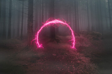 Neon portal in the foggy forest, magical evening - obrazy, fototapety, plakaty