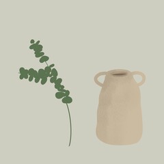 eucalyptus tree and ceramic pot vase hand-drawn illustration