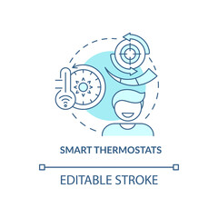 Smart thermostats turquoise concept icon. Operating air conditioner remotely abstract idea thin line illustration. Isolated outline drawing. Editable stroke. Arial, Myriad Pro-Bold fonts used