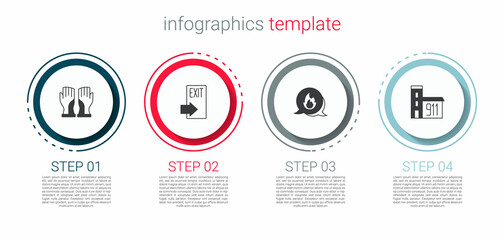 Set Firefighter gloves, exit, Emergency call and Building of fire station. Business infographic template. Vector