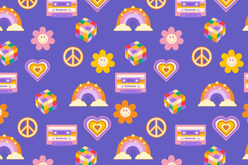 Retro hippie cute cartoon flowers, cassettes and rainbows violet pattern. 
