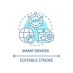 Smart devices turquoise concept icon. Innovative technology abstract idea thin line illustration. Home accessories. Isolated outline drawing. Editable stroke. Arial, Myriad Pro-Bold fonts used