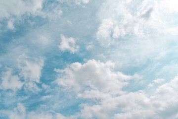 Blue sky with white clouds in a sunny day. Pastel colour of sky in the morning. Concept of new life beginning, freedom of life and peaceful.