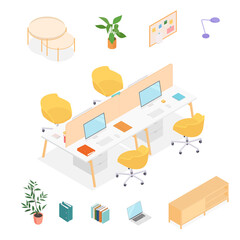 Isometric office desk, workspace. Vector illustration in flat design, isolated.
