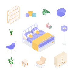 Isometric bedroom set. Vector illustration in flat design.
