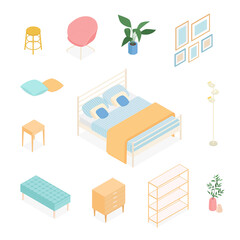 Isometric bedroom set. Vector illustration in flat design.
