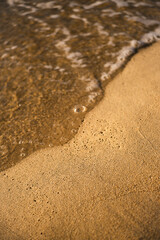 Sea sandy beach on a sunny day. A wave of still water with no wind. Close-up of sand and water. Beautiful seascape