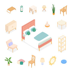 Isometric bedroom set. Vector illustration in flat design.
