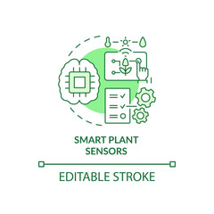 Smart plant sensors green concept icon. Check soil moisture remotely in greenhouse abstract idea thin line illustration. Isolated outline drawing. Editable stroke. Arial, Myriad Pro-Bold fonts used