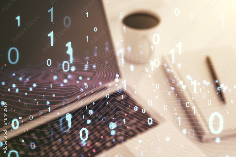 Poster creative abstract binary code hologram on modern computer background, ai and machine learning concep