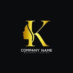 K Letter Beauty Face initial K luxury beauty queen woman face logo design vector. consisting of letter K with lady face on negative space