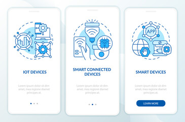 Smart technologies types blue onboarding mobile app screen. Innovation walkthrough 3 steps graphic instructions pages with linear concepts. UI, UX, GUI template. Myriad Pro-Bold, Regular fonts used