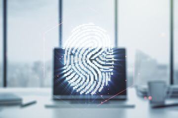 Double exposure of abstract creative fingerprint hologram on laptop background, research and development concept