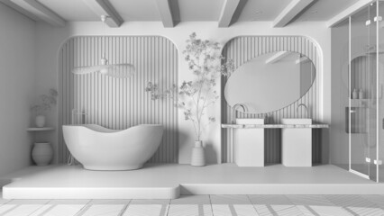 Total white project draft, modern creative bathroom, open space with parquet floor. Roof beams, shower, free standing bathtub, double sink, mirror, decors. Interior design concept
