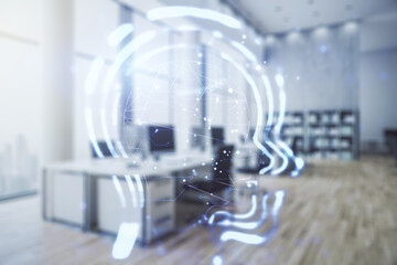 Double exposure of creative artificial Intelligence hologram on modern corporate office background. Neural networks and machine learning concept