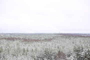 Areal drone type winter photography with snowy weather.