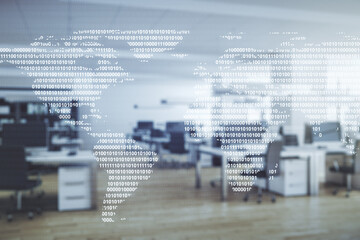 Multi exposure of abstract creative digital world map hologram on modern corporate office background, research and analytics concept