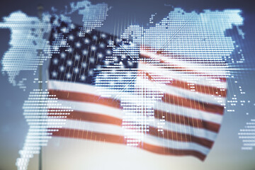 Abstract creative world map interface on USA flag and sunset sky background, international trading concept. Multiexposure