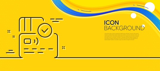 Naklejka na ściany i meble Credit card line icon. Abstract yellow background. Approved bank money payment sign. Non-cash pay symbol. Minimal card line icon. Wave banner concept. Vector