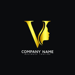 V Letter Beauty Face initial V luxury beauty queen woman face logo design vector. consisting of letter V with lady face on negative space