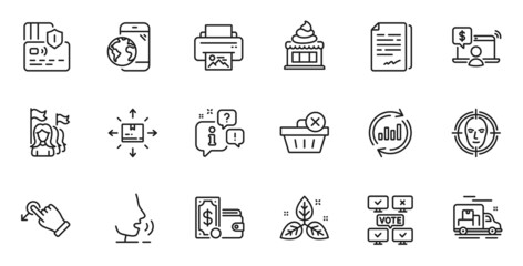 Outline set of Ice cream, Mobile internet and Online shopping line icons for web application. Talk, information, delivery truck outline icon. Include Print image, Feminism, Card icons. Vector