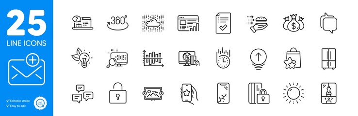Outline icons set. Lock, Smartphone broken and Favorite app icons. Online shopping, Food delivery, Chat messages web elements. Diagram chart, Search, Approved checklist signs. Vector