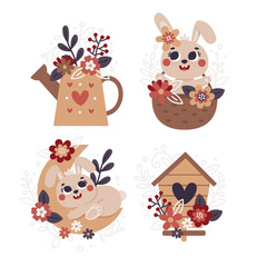 Cute vector Easter compositions with funny bunnies, spring flower, plants, leaves, branches, basket, birdhouse, watering can in trendy boho colors