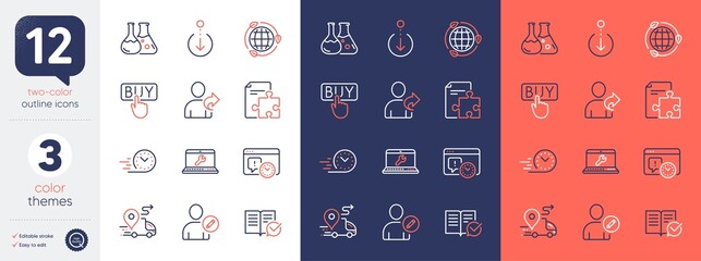 Set of Approved documentation, Fast delivery and Strategy line icons. Include Delivery, Buying, Laptop repair icons. Project deadline, Scroll down, Refer friend web elements. Eco energy. Vector