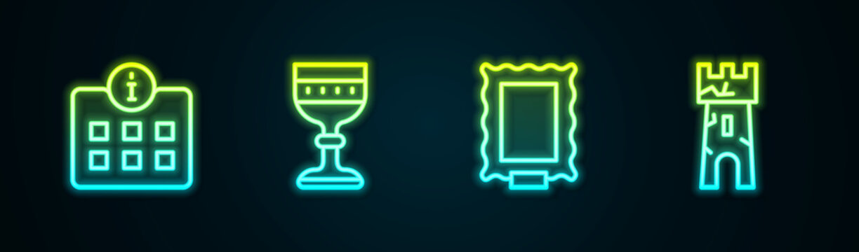 Set line Information, Medieval goblet, Picture and Castle tower. Glowing neon icon. Vector