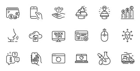 Outline set of Wallet, File storage and Analysis app line icons for web application. Talk, information, delivery truck outline icon. Include Graph chart, Megaphone, Consolidation icons. Vector